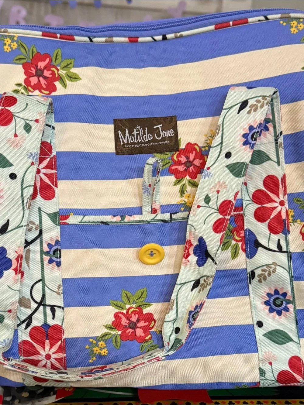 Matilda Jane Blue & Cream Striped Floral Cooler bag with Red Accents